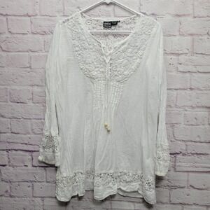 Anandas Collection White Lacy Tunic Top Size M Feminine Boho Cottagecore